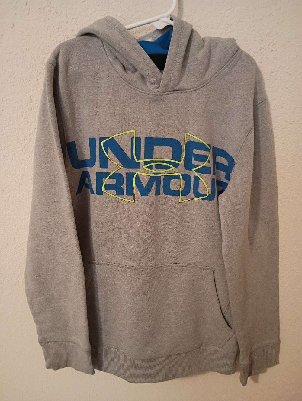 Under Armour Boys Light Gray Hoodie with Blue and Neon Logo